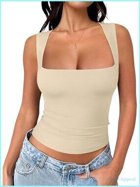 Square Neck Crop Top Tank Double Lined Fitted Stretch Polyester Blend